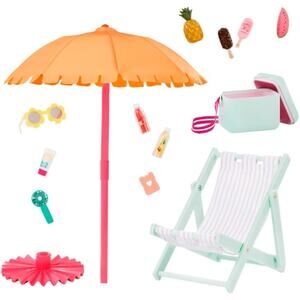Our Generation Folding Beach Chair Umbrella Cooler  Pretend Food Accessories NWT